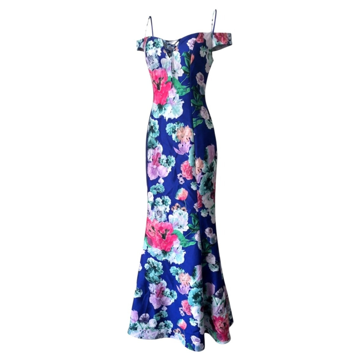 My Michelle Blue Floral Off Shoulder Mermaid Evening Gown Dress Size 1