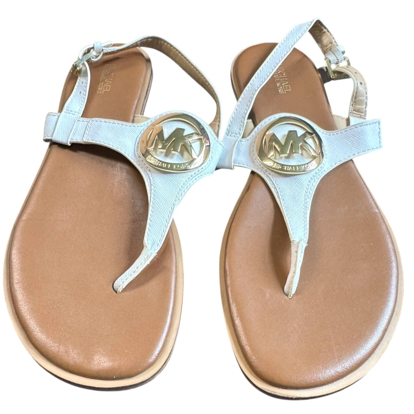 Michael Kors Womens White & Gold Logo T-Strap Sandals Size 10M