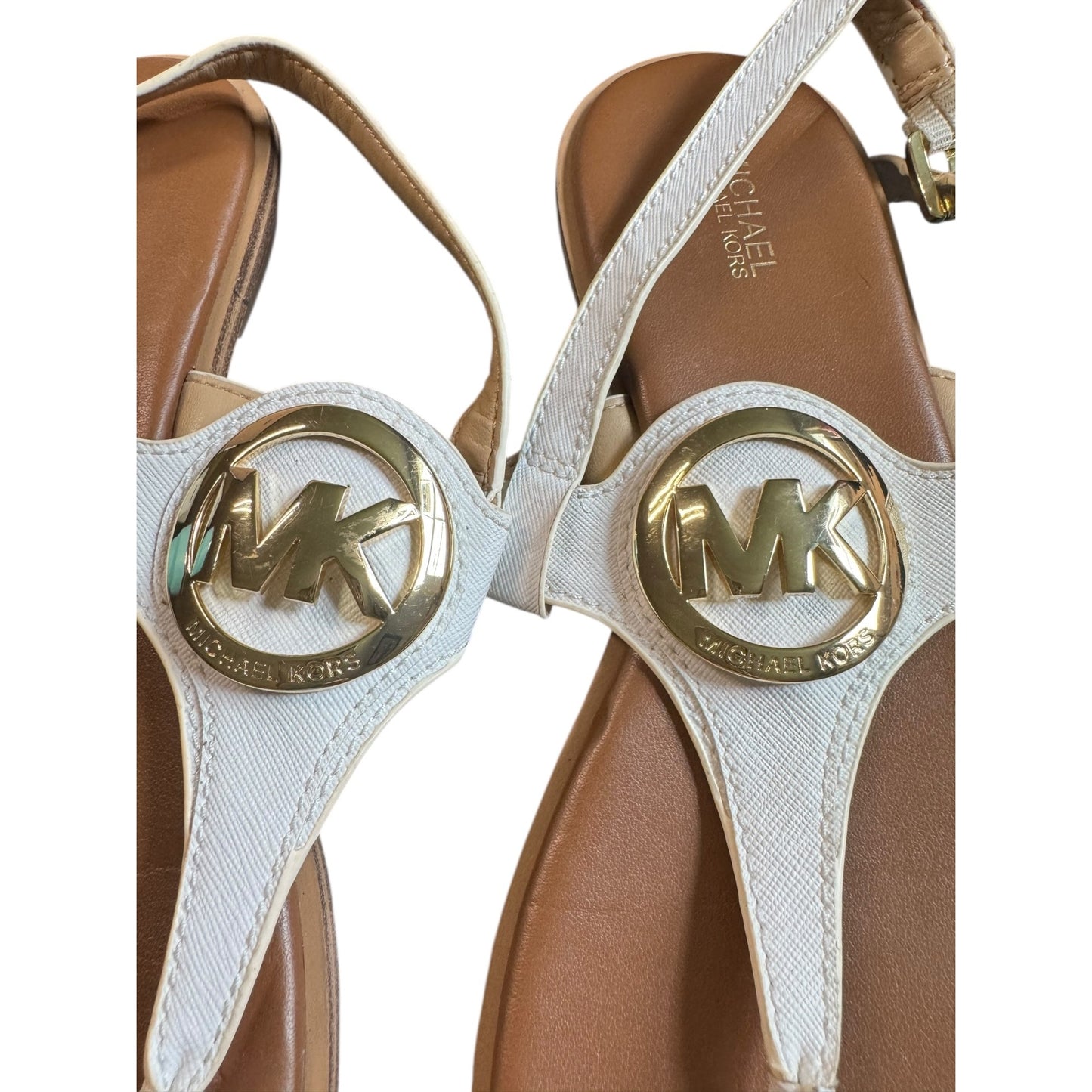 Michael Kors Womens White & Gold Logo T-Strap Sandals Size 10M