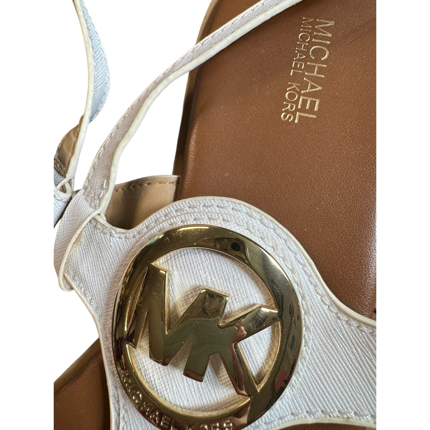 Michael Kors Womens White & Gold Logo T-Strap Sandals Size 10M