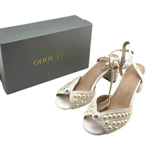 Goolita Full Pearl Block Heel Bridal Sandals White Women's Size 8.5 EU 39 DS