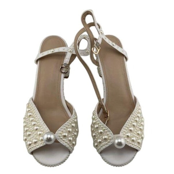 Goolita Full Pearl Block Heel Bridal Sandals White Women's Size 8.5 EU 39 DS