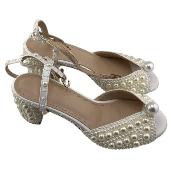 Goolita Full Pearl Block Heel Bridal Sandals White Women's Size 8.5 EU 39 DS