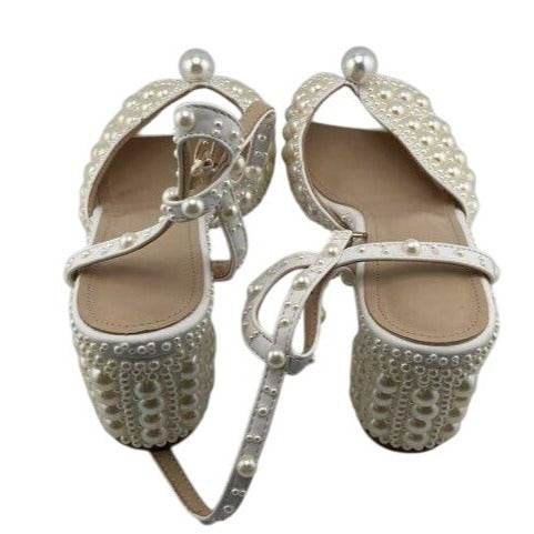 Goolita Full Pearl Block Heel Bridal Sandals White Women's Size 8.5 EU 39 DS