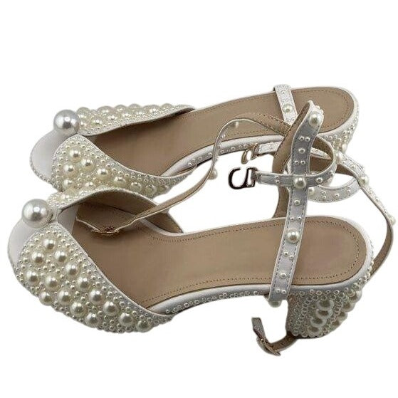 Goolita Full Pearl Block Heel Bridal Sandals White Women's Size 8.5 EU 39 DS