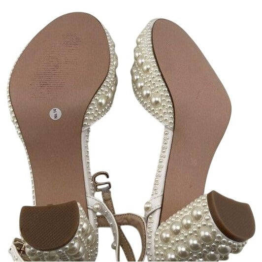 Goolita Full Pearl Block Heel Bridal Sandals White Women's Size 8.5 EU 39 DS