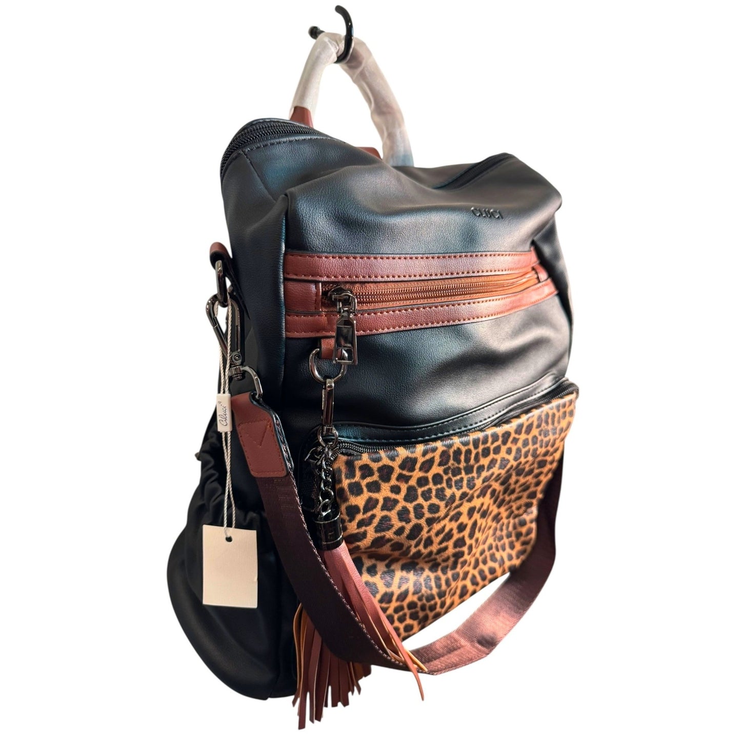 Gluci Convertible Leopard Bookbag with Shoulder strap and Wristlet Purse NWT
