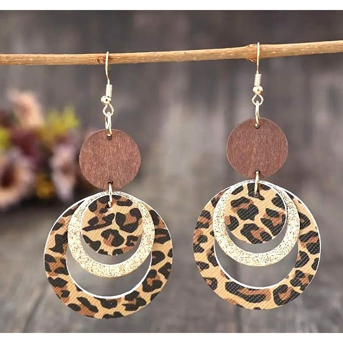 Bohemian Leopard Print Dangle Earrings With Wooden & Glitter Accents