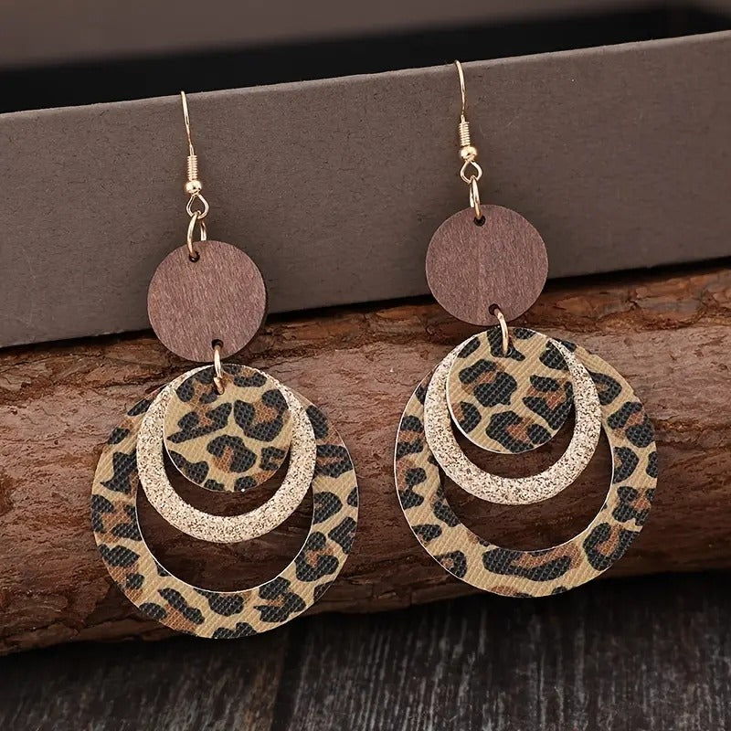 Bohemian Leopard Print Dangle Earrings With Wooden & Glitter Accents