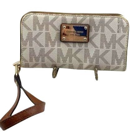 Michael Kors Vanilla Gold Tone MK Logo Print Wristlet Wallet