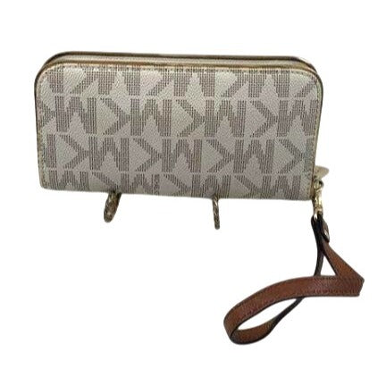 Michael Kors Vanilla Gold Tone MK Logo Print Wristlet Wallet