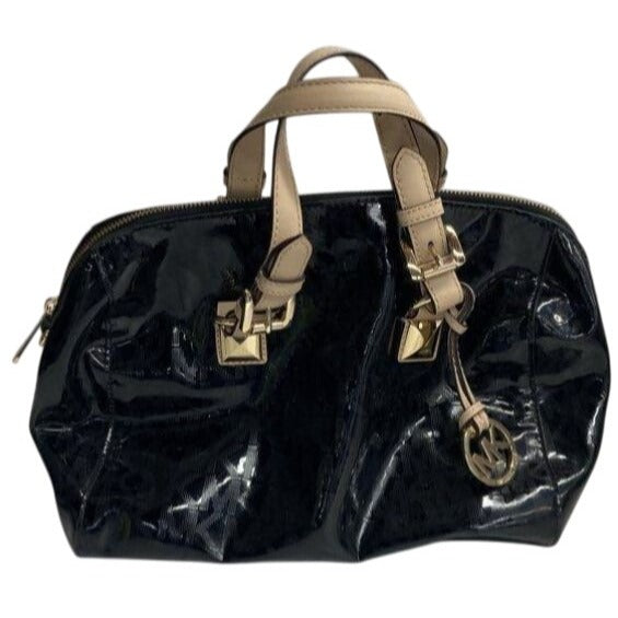 Michael Kors Black Patent Leather Satchel Bag With Gold Hardware & Tan Handles