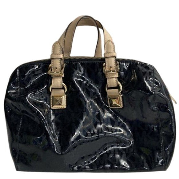 Michael Kors Black Patent Leather Satchel Bag With Gold Hardware & Tan Handles