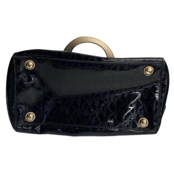 Michael Kors Black Patent Leather Satchel Bag With Gold Hardware & Tan Handles
