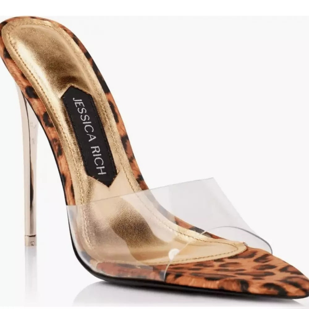Jessica Rich Women's Leopard Print & Clear PVC Stiletto Heel Mule NWOT Size 37 (7)
