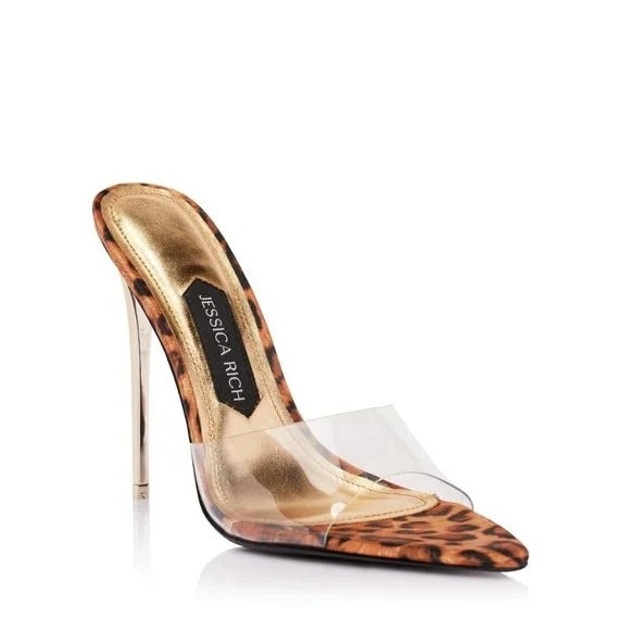 Jessica Rich Women's Leopard Print & Clear PVC Stiletto Heel Mule NWOT Size 37 (7)