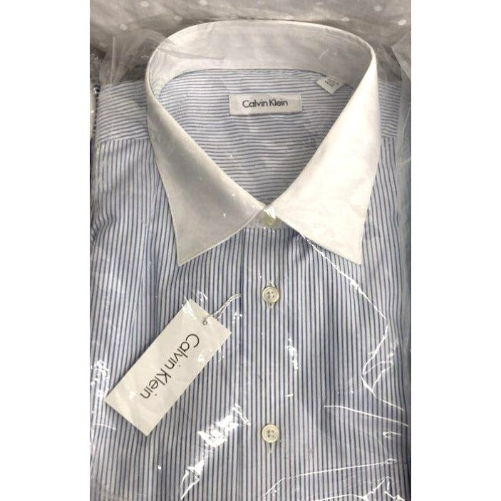 Calvin Klein Mens Blue & White Striped Button-Down Shirt Size 17.5 39/35 Cotton Blend NWT