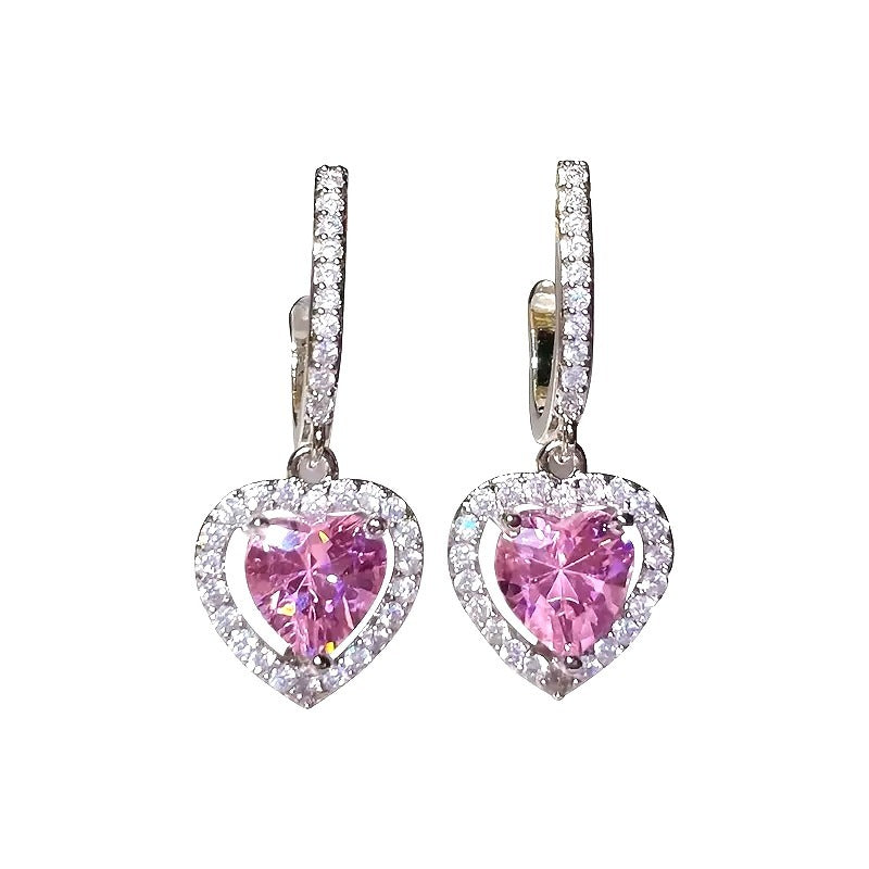 Heart-Shaped Pink Gemstone Drop Earrings With Pave-Set CZ & Silver Tone