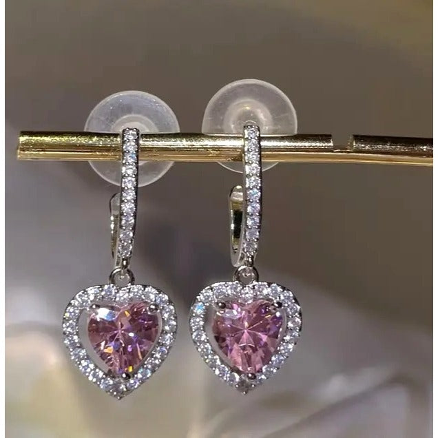 Heart-Shaped Pink Gemstone Drop Earrings With Pave-Set CZ & Silver Tone