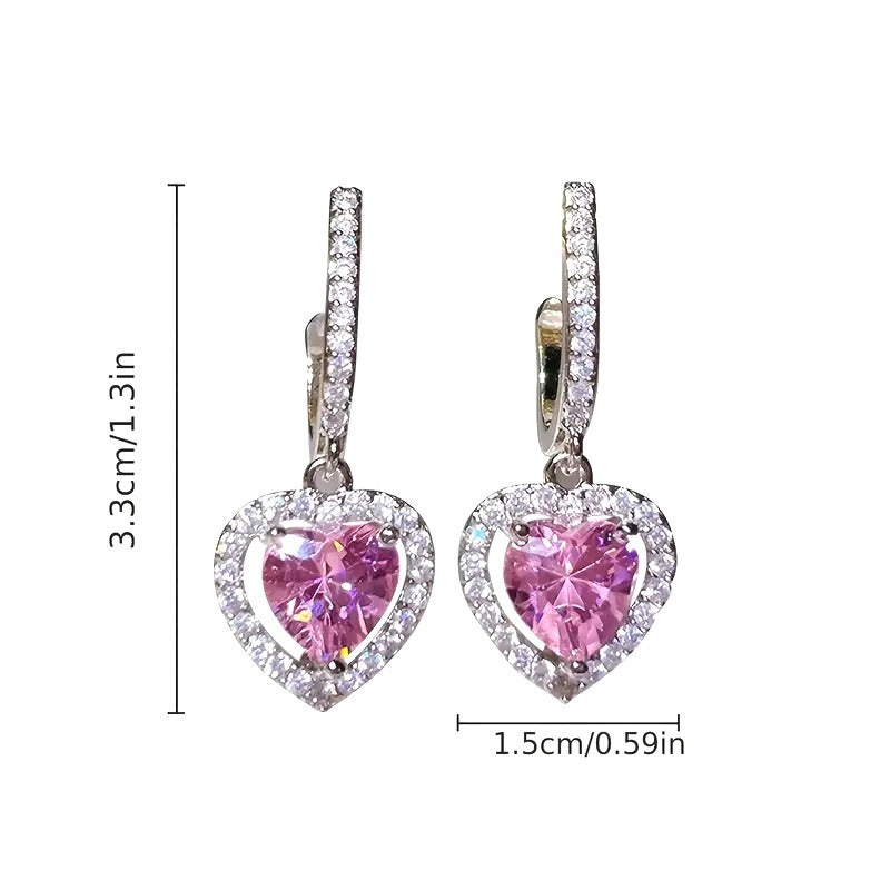 Heart-Shaped Pink Gemstone Drop Earrings With Pave-Set CZ & Silver Tone