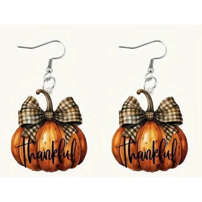 Thankful Thanksgiving Fall Pumpkin Earrings With Plaid Bow NEW