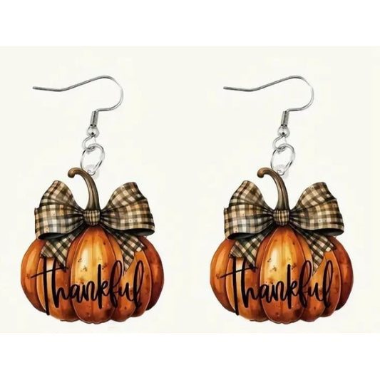 Thankful Thanksgiving Fall Pumpkin Earrings With Plaid Bow NEW