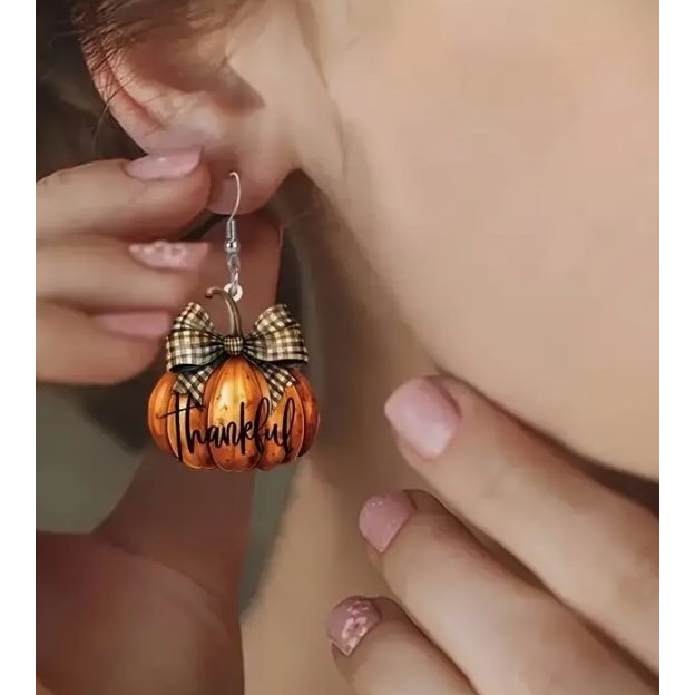 Thankful Thanksgiving Fall Pumpkin Earrings With Plaid Bow NEW