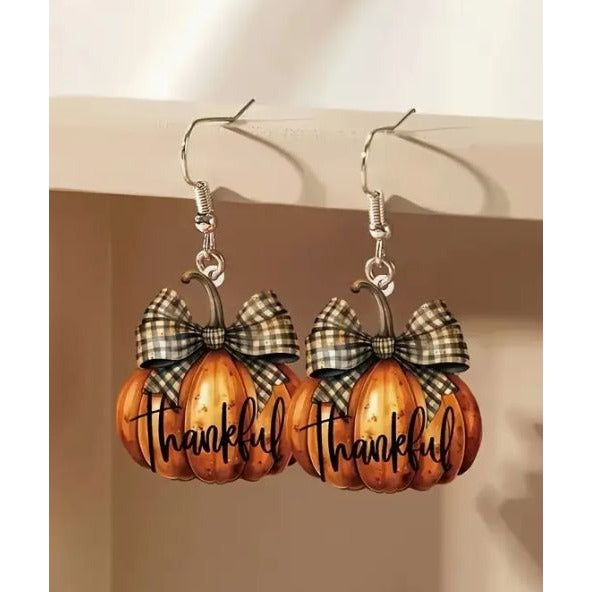 Thankful Thanksgiving Fall Pumpkin Earrings With Plaid Bow NEW
