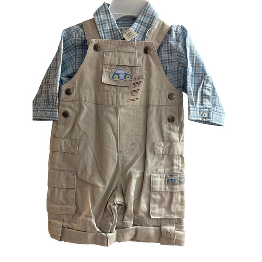 The Childrens Place Baby Boy Overalls Set 0-3M Beige & Blue Plaid 100% Cotton Outfit With Car Embroidery