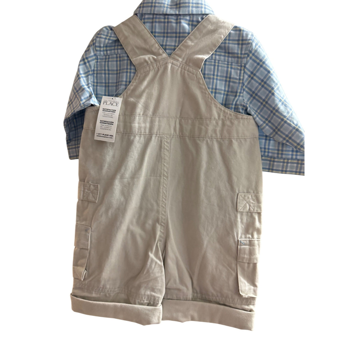The Childrens Place Baby Boy Overalls Set 0-3M Beige & Blue Plaid 100% Cotton Outfit With Car Embroidery