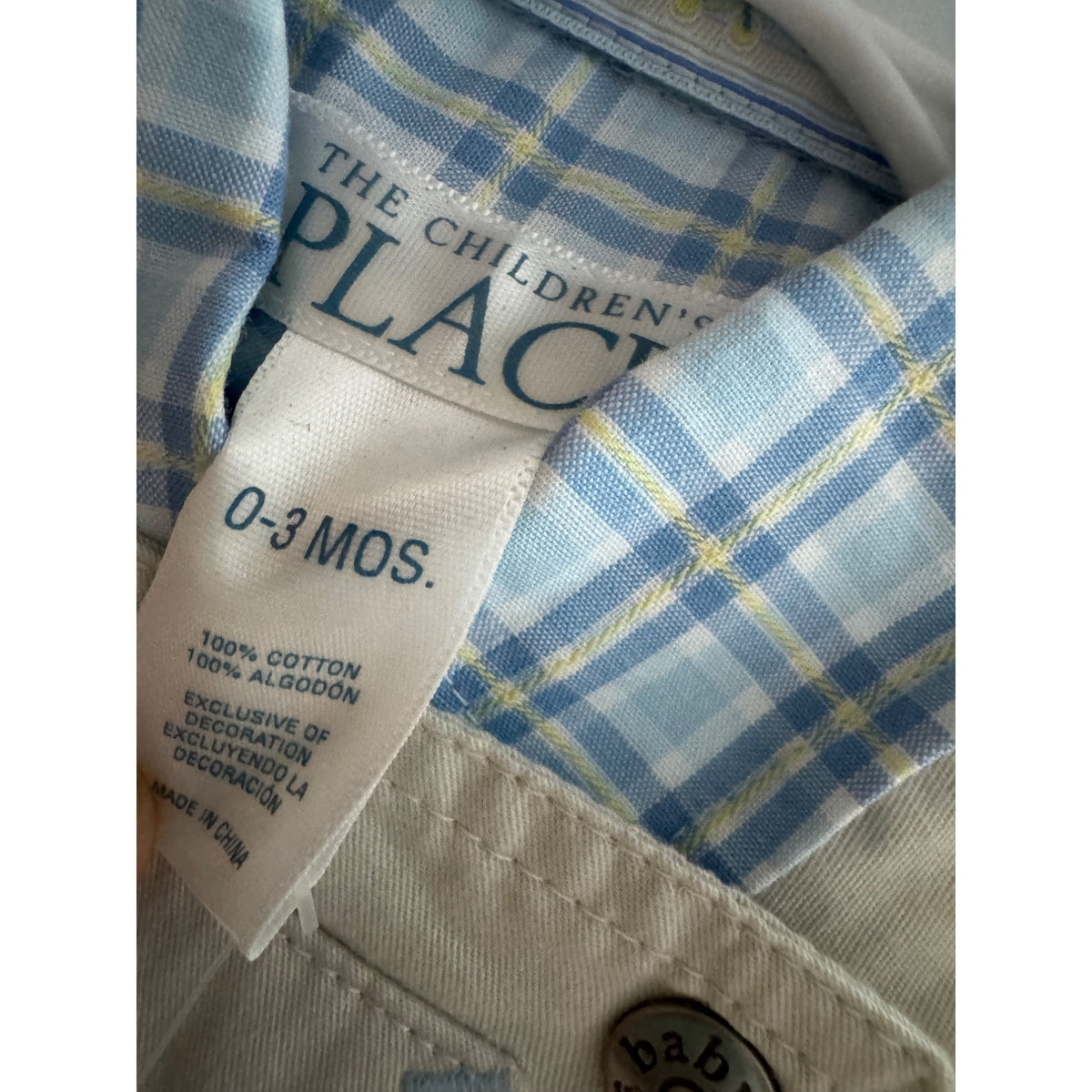 The Childrens Place Baby Boy Overalls Set 0-3M Beige & Blue Plaid 100% Cotton Outfit With Car Embroidery