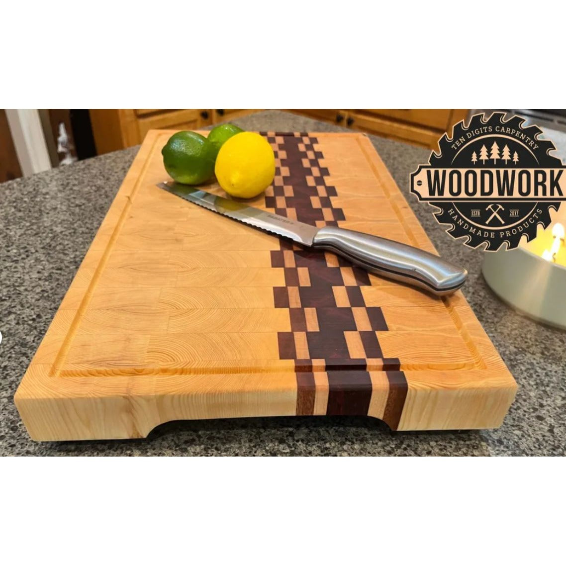 Handmade Wood Cutting Board With Checkerboard Inlay Design