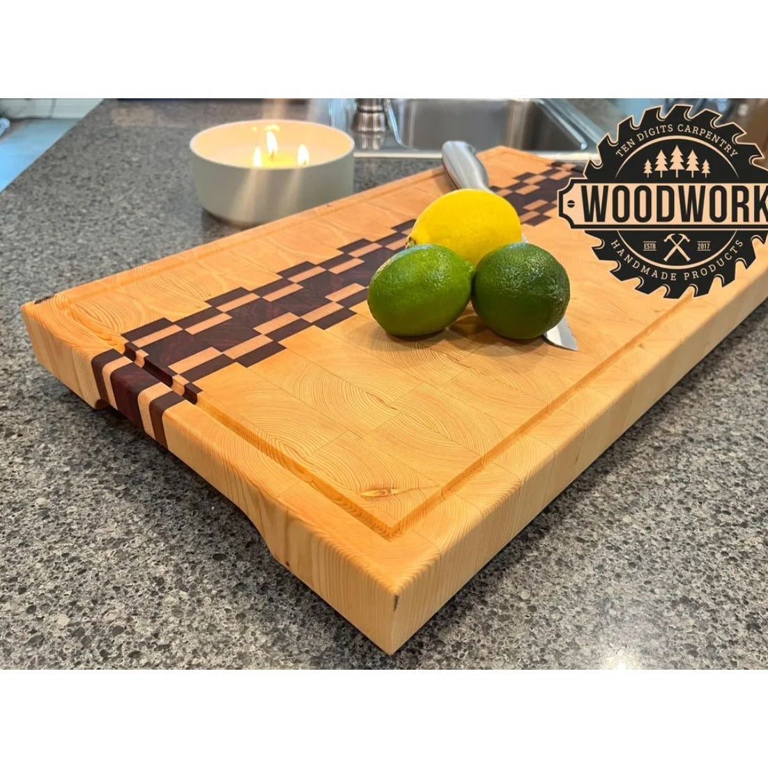 Handmade Wood Cutting Board With Checkerboard Inlay Design