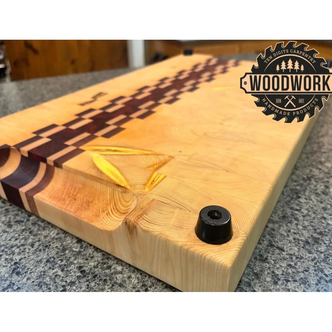 Handmade Wood Cutting Board With Checkerboard Inlay Design