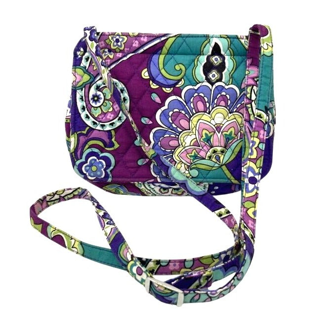 Quilted Floral Crossbody Bag With Adjustable Strap & Multiple Pockets - Purple/Green
