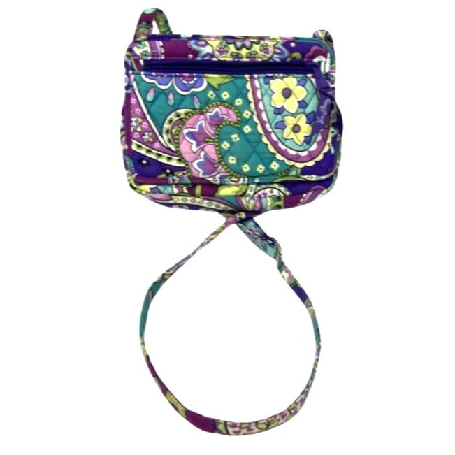 Quilted Floral Crossbody Bag With Adjustable Strap & Multiple Pockets - Purple/Green