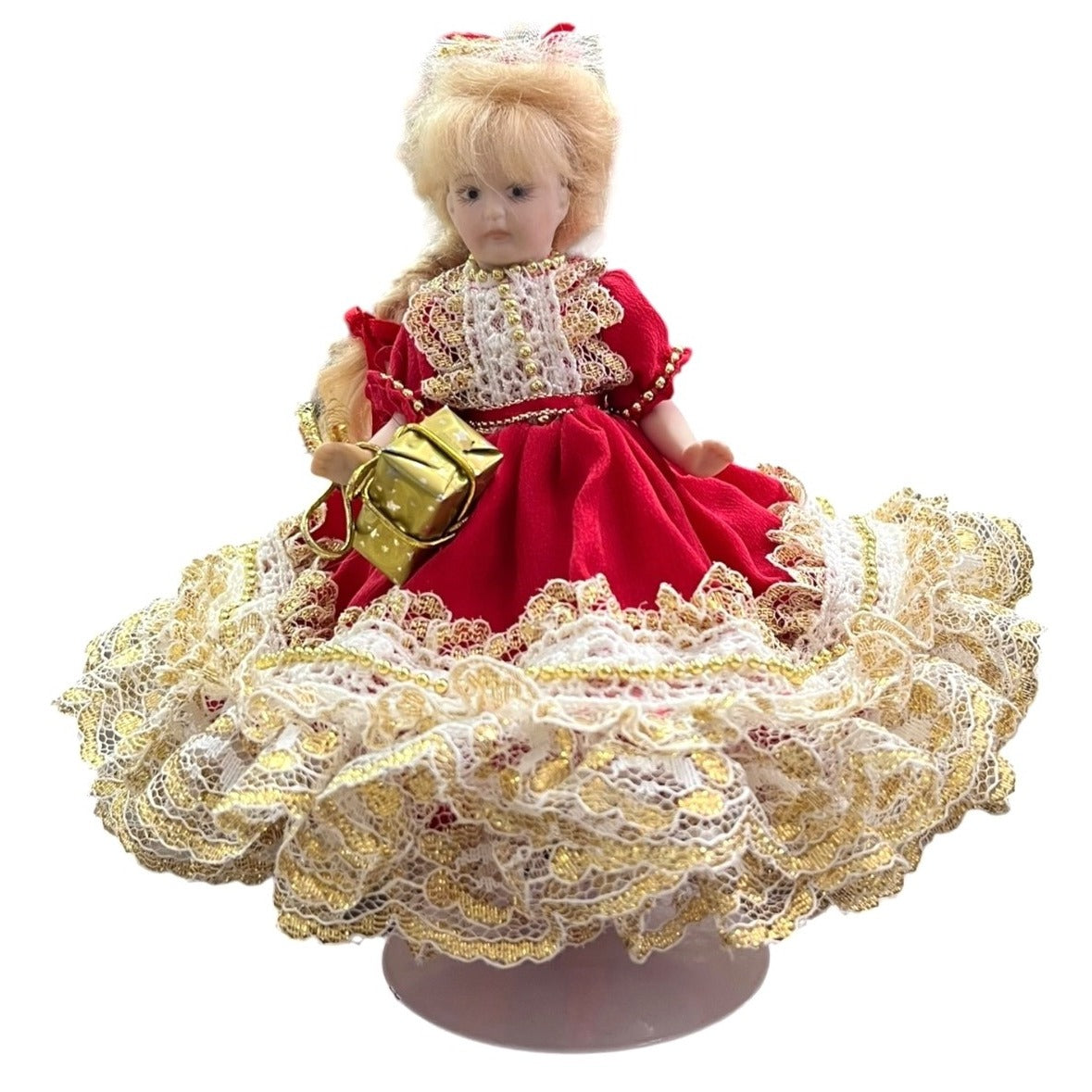 Vintage Porcelain Doll In Red & Gold Lace Dress