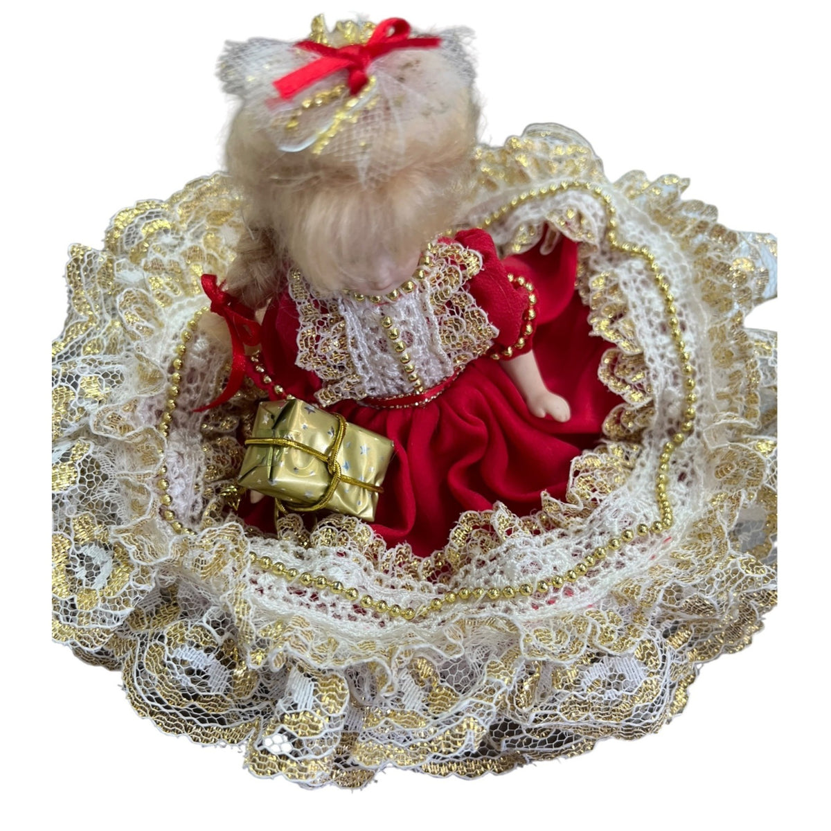 Vintage Porcelain Doll In Red & Gold Lace Dress