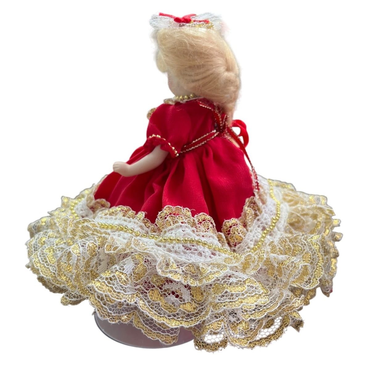 Vintage Porcelain Doll In Red & Gold Lace Dress