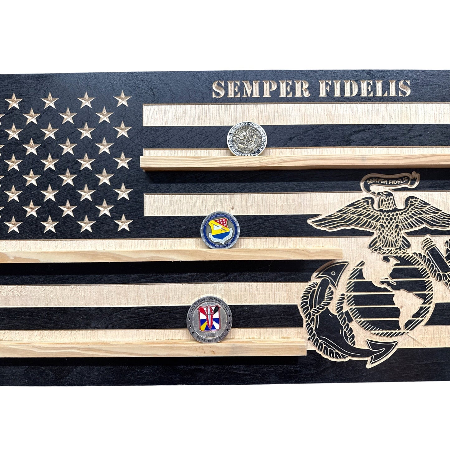 Handcrafted Wooden Marine Corps Challenge Coin Flag Display With Semper Fidelis Design