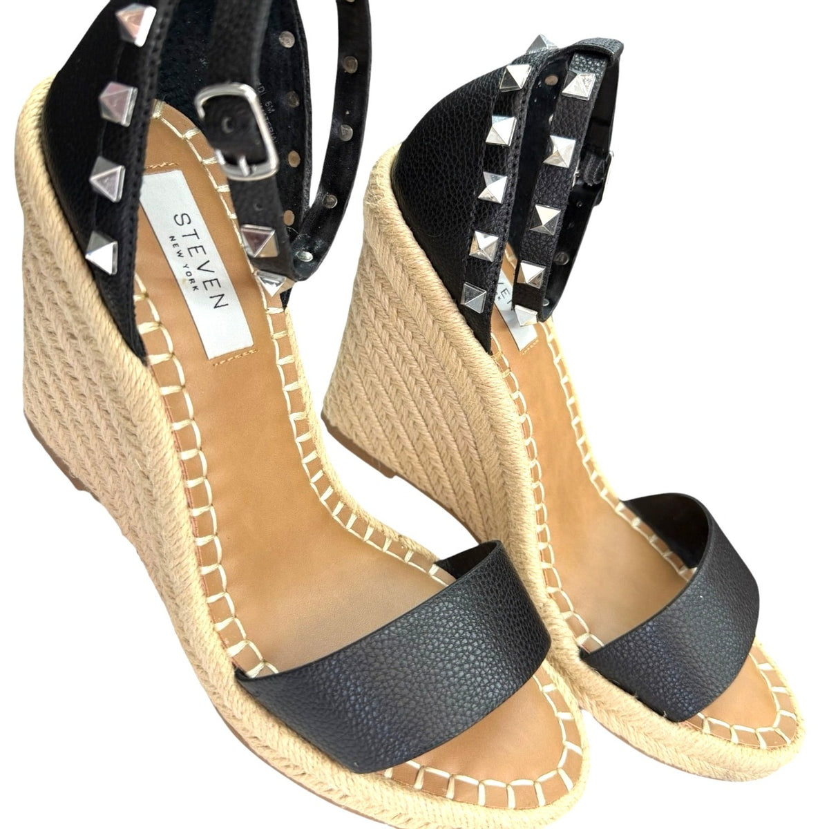 Steven New York Black Espadrille Wedge Sandals Size 8