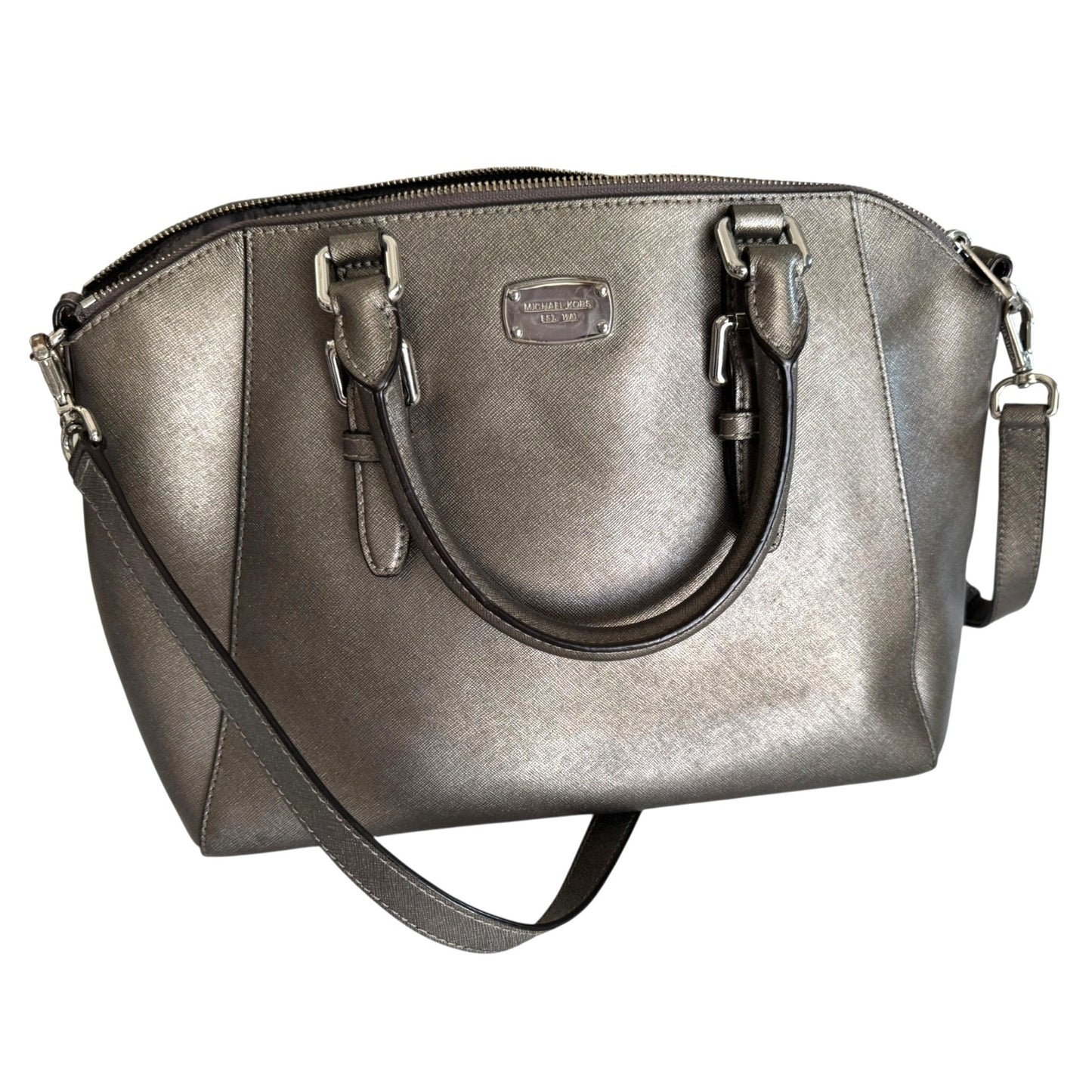 Michael Kors Gunmetal Saffiano Leather Satchel Bag With Adjustable Strap