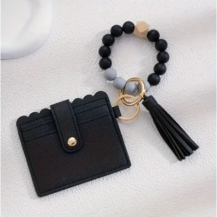 Black Scalloped Cardholder With Beaded Tassel Keychain Wallet Wristlet NEW