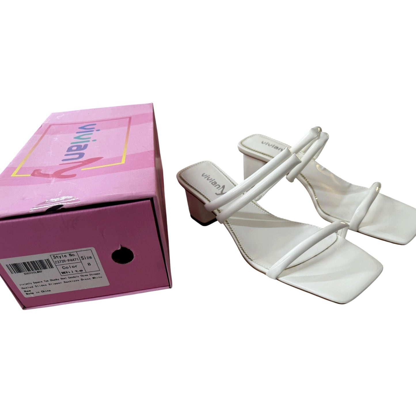 Viviany Square Toe Chunky Heel White Strappy Backless Sandals Size 8 NWB