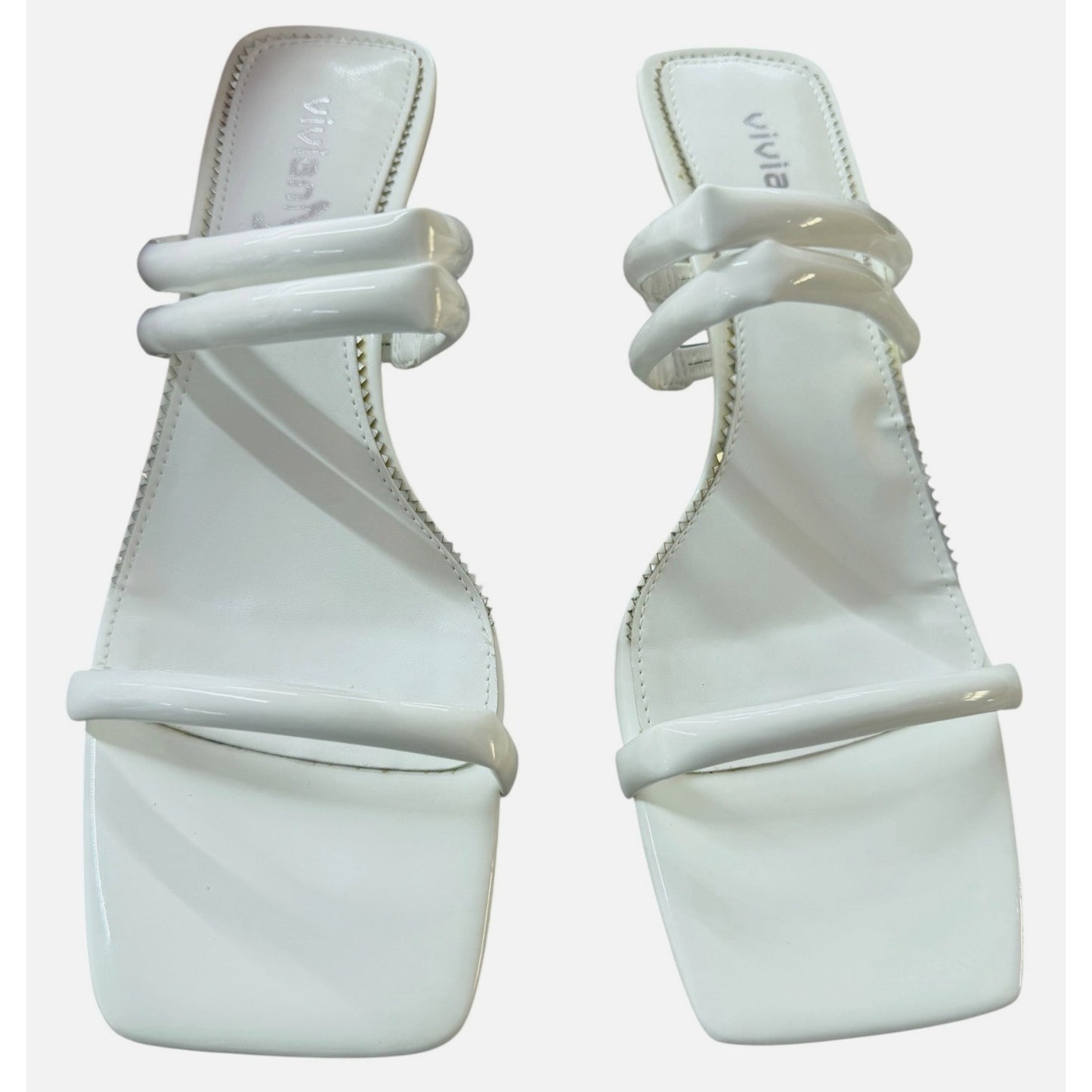 Viviany Square Toe Chunky Heel White Strappy Backless Sandals Size 8 NWB