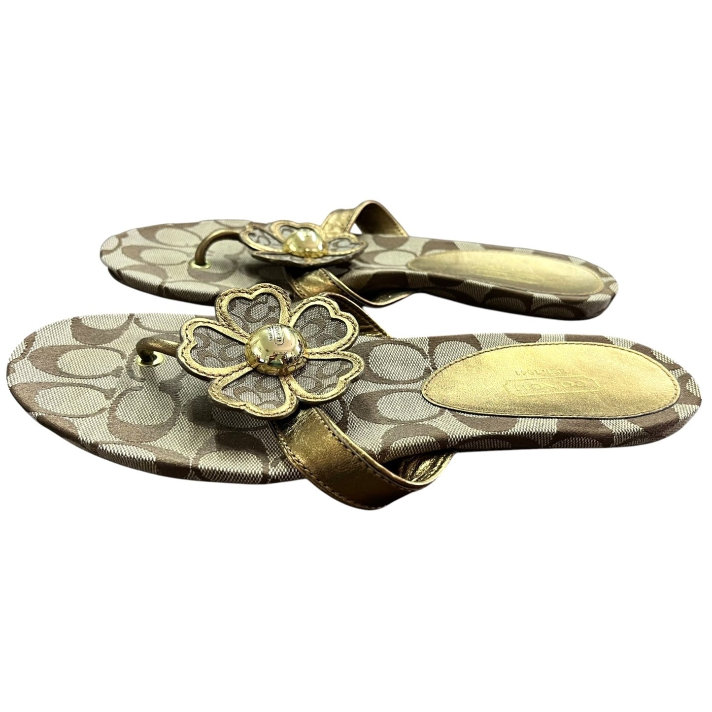 Coach Women's Signature Print Gold Floral Thong Sandals Size 8.5