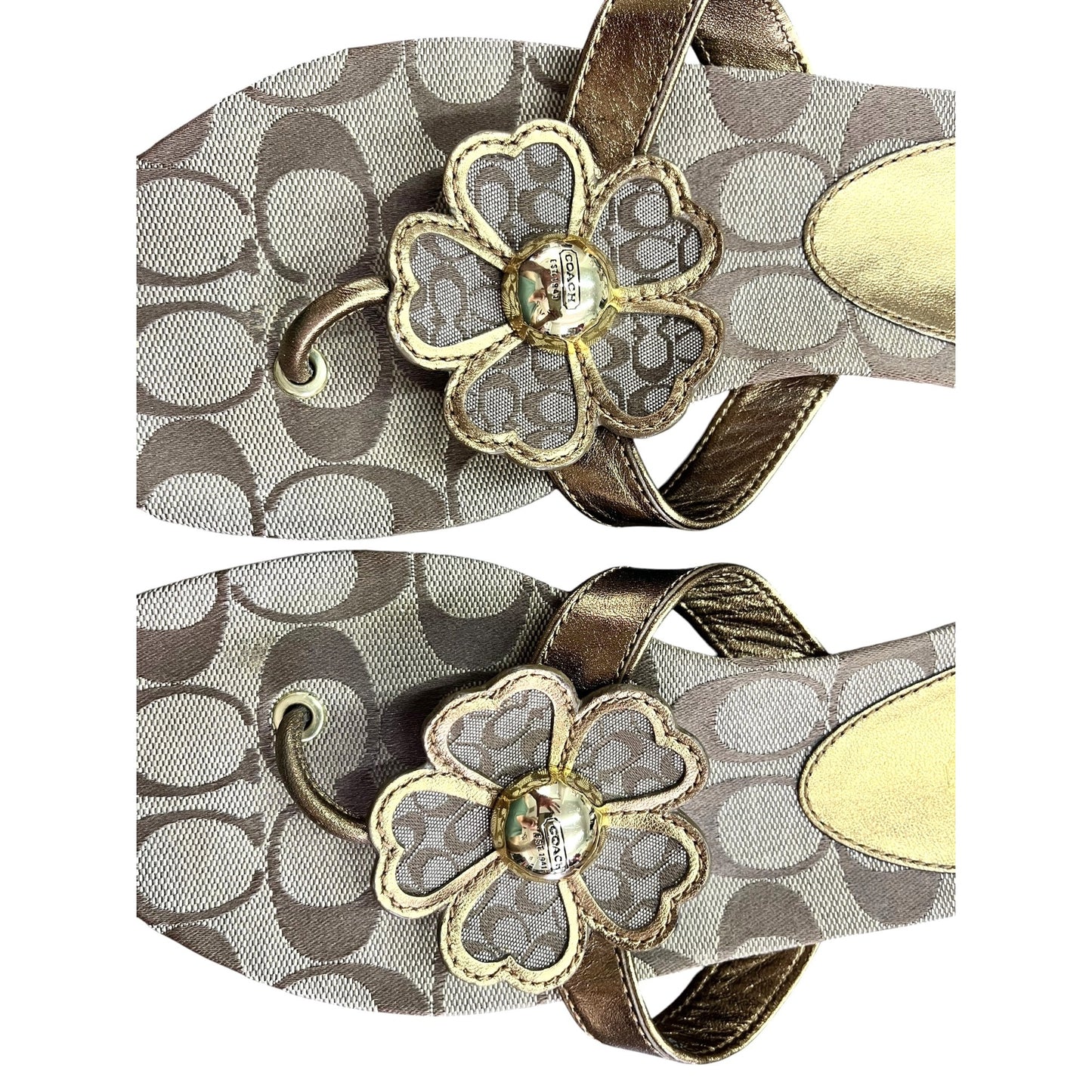 Coach Women's Signature Print Gold Floral Thong Sandals Size 8.5