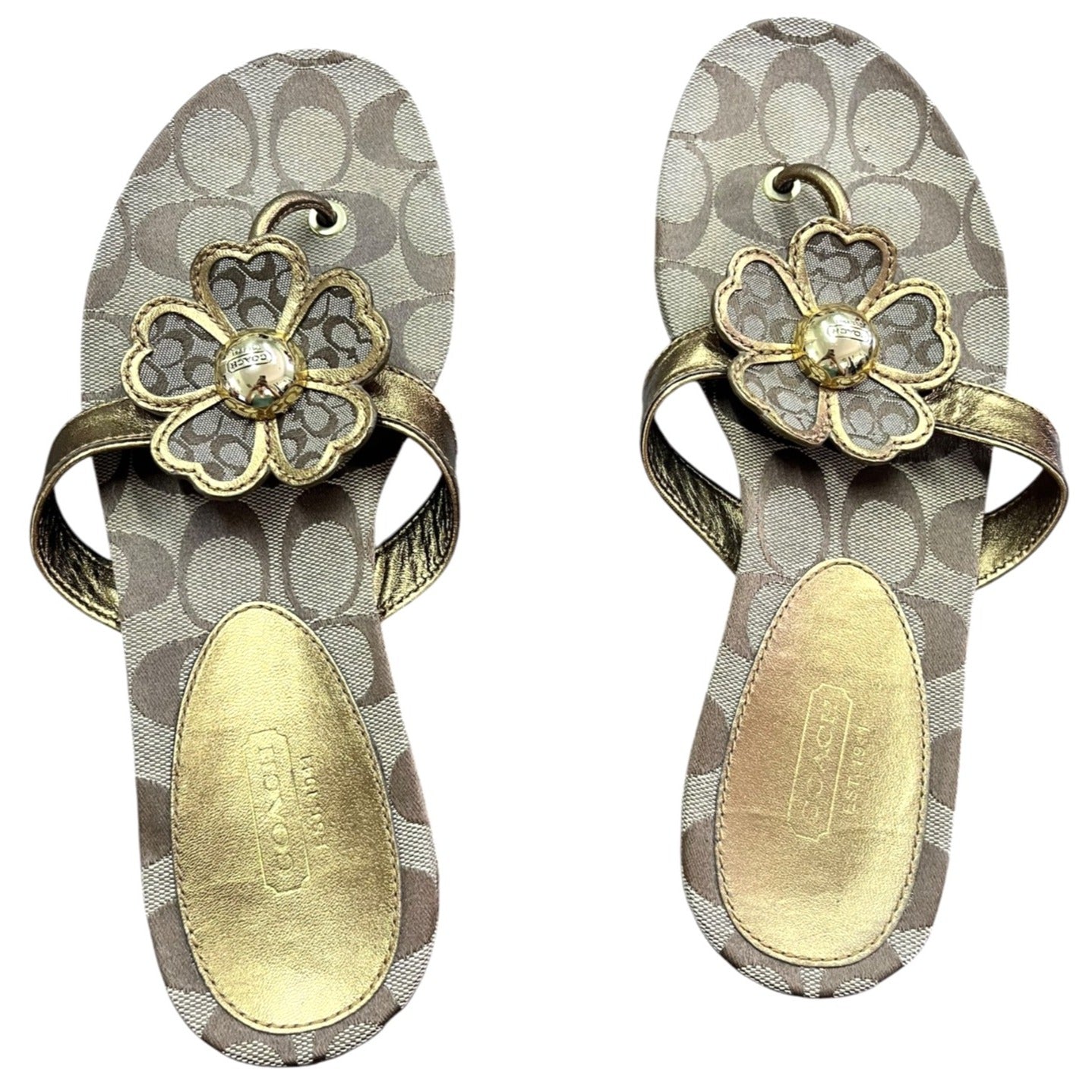 Coach Women's Signature Print Gold Floral Thong Sandals Size 8.5