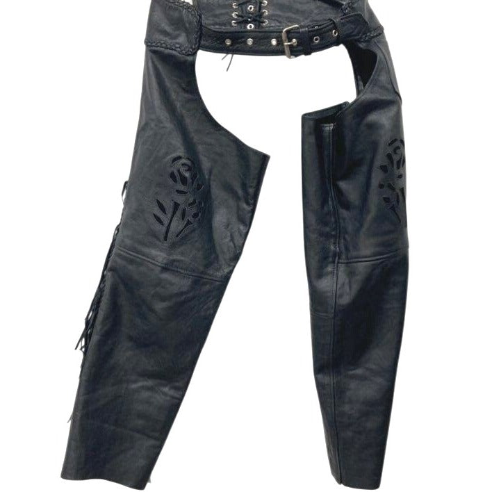 Road Dawgs Place Women's Black Leather Motorcycle Chaps With Rose Cutout Design & Fringe Detail Medium