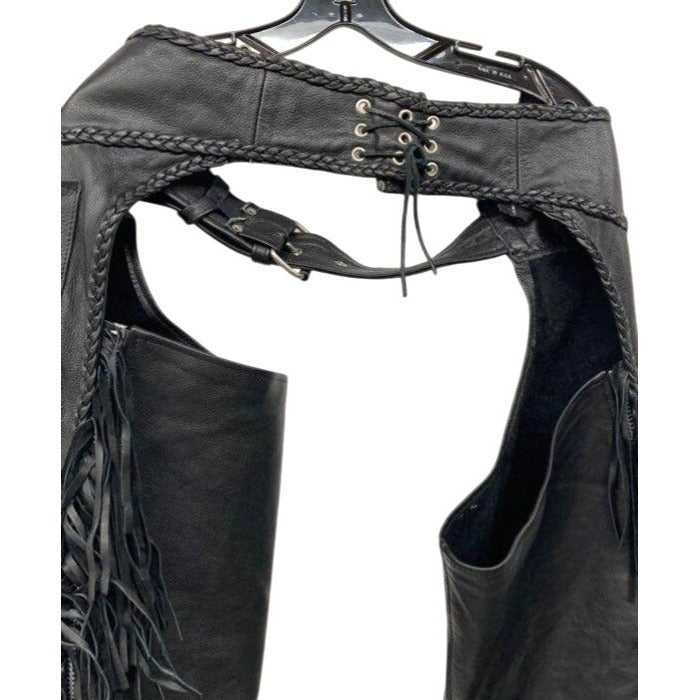 Road Dawgs Place Women's Black Leather Motorcycle Chaps With Rose Cutout Design & Fringe Detail Medium